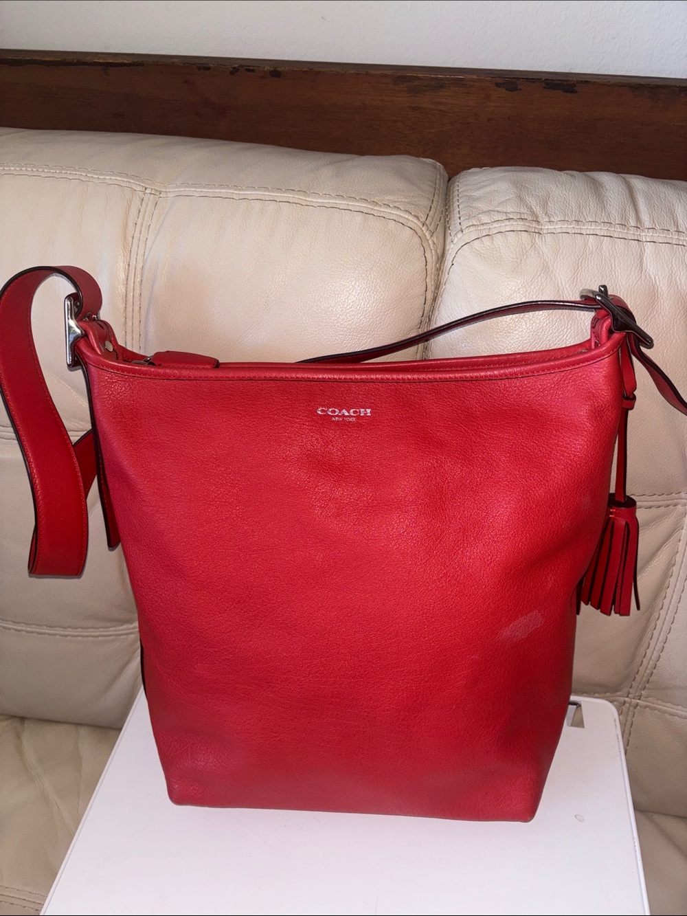 COACH Red Leather Tassel 2WAY Shoulder Bag Authentic Large Leather Tote - Picture 14 of 14
